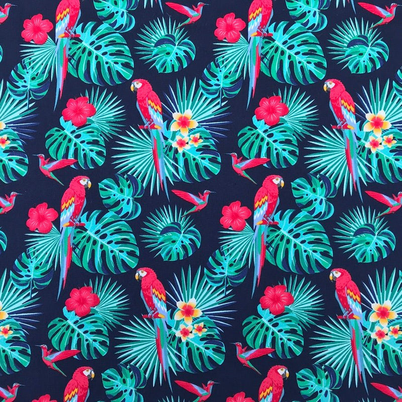 Rose & Hubble 100% Cotton Poplin Fabric – Tropical Parrot & Palm Leaf Print – Jungle Floral Dressmaking Fabric - Bull Ring Fabrics