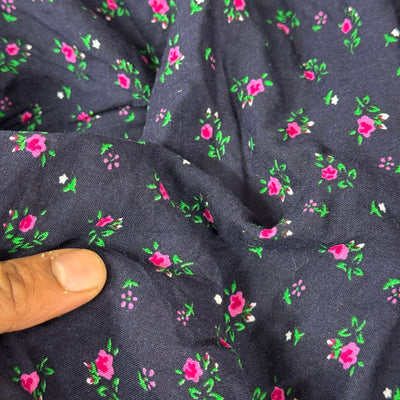 Navy ditsy rosebud floral print viscose fabric with pink roses and green leaves - Bullring Fabrics