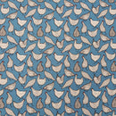 A repeating pattern of illustrated chickens in cream, beige, brown, and red on a medium blue background.