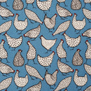 A repeating pattern of stylized white chickens with black outlines and various black dot, stripe, and spot motifs, set against a medium blue background.