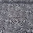 Black and white zebra print fabric with a wavy, fluid stripe pattern filling the frame.