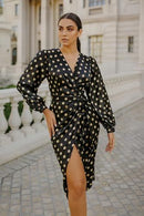 Silky Satin Beige Mini Polka Dot Spots Dress Fabric 60" Black - Bull Ring Fabrics