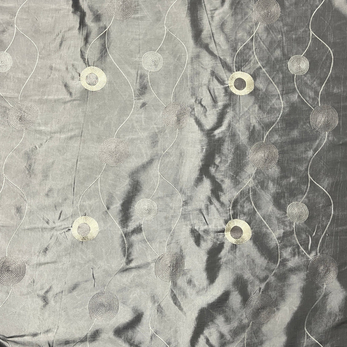 Silver Grey Embroidered Taffeta Fabric Circle Pattern 150cm - Bull Ring Fabrics