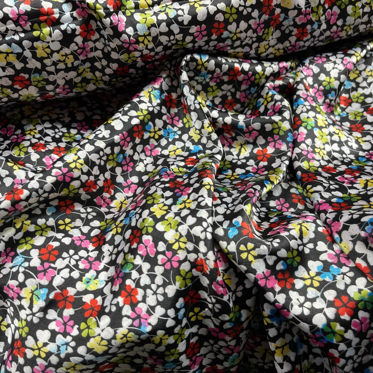 Small Ditsy Flowers Colorful Floral Satin Print Fabric 60", Black - Bull Ring Fabrics