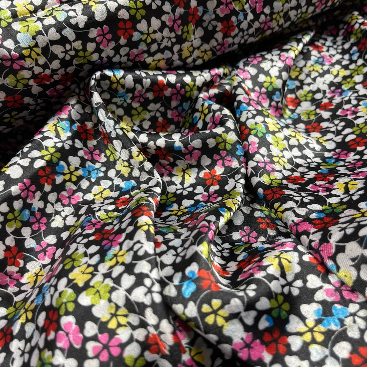 Small Ditsy Flowers Colorful Floral Satin Print Fabric 60", Black - Bull Ring Fabrics