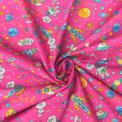 Space Kids Scifi Rose & Hubble 100% Cotton Poplin Fabric 45", Cerise Pink - Bull Ring Fabrics