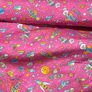 Space Kids Scifi Rose & Hubble 100% Cotton Poplin Fabric 45", Cerise Pink - Bull Ring Fabrics