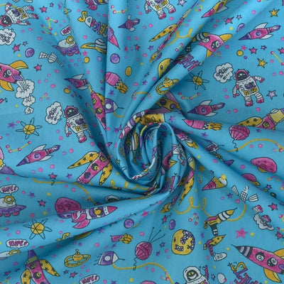Space Kids Scifi Rose & Hubble 100% Cotton Poplin Fabric 45", Sky Blue - Bull Ring Fabrics