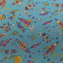 Space Kids Scifi Rose & Hubble 100% Cotton Poplin Fabric 45", Sky Blue - Bull Ring Fabrics