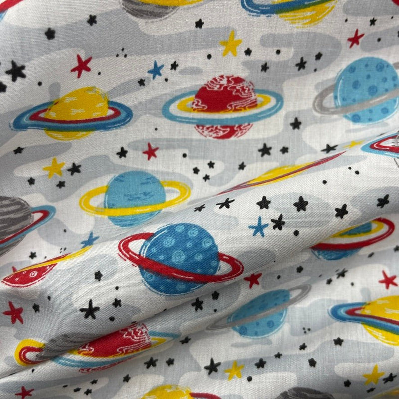 Space, Stars & Planets Sci-fi Polycotton Fabric Dress Crafts 45", Grey - Bull Ring Fabrics