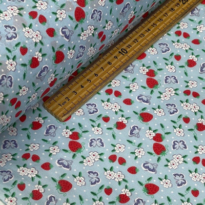 Strawberry Blossom & Butterfly Polycotton Fabric – Light Blue Floral Printed Dressmaking & Craft Fabric, 45” Wide - Bull Ring Fabrics