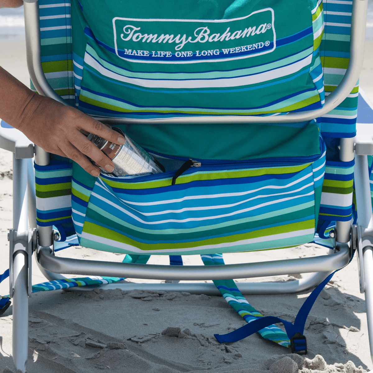 Tommy Bahama 5-Position Backpack Beach Chair Insulated Pouch Pillow 136kg NEW - Bull Ring Fabrics