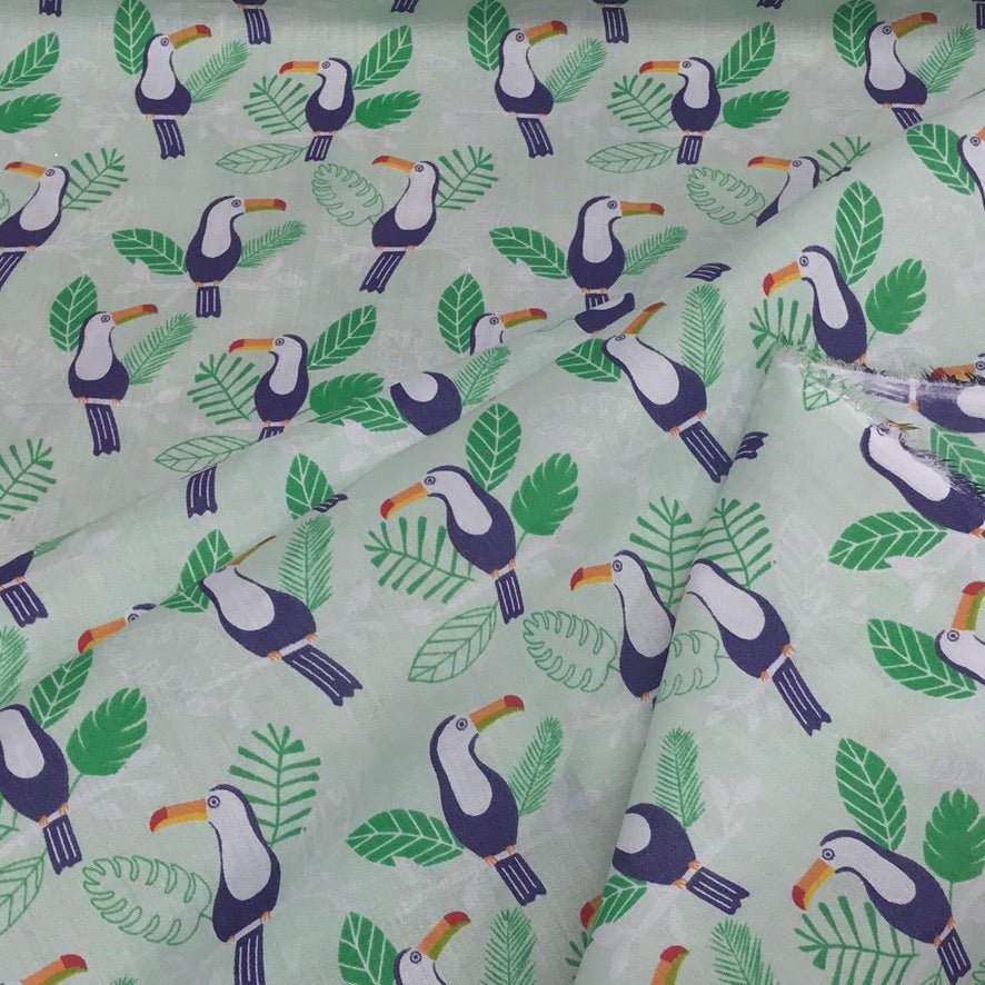 Toucan Birds Green Polycotton Fabric – Tropical Jungle Leaf Print Dress Craft Quilting – 45” - Bull Ring Fabrics