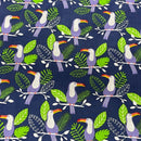 Toucan Birds Polycotton Fabric – Tropical Jungle Leaf Print Dress Craft Quilting – 45” Navy Blue - Bull Ring Fabrics