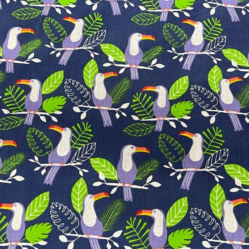Toucan Birds Polycotton Fabric – Tropical Jungle Leaf Print Dress Craft Quilting – 45” Navy Blue - Bull Ring Fabrics