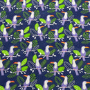 Toucan Birds Polycotton Fabric – Tropical Jungle Leaf Print Dress Craft Quilting – 45” Navy Blue - Bull Ring Fabrics