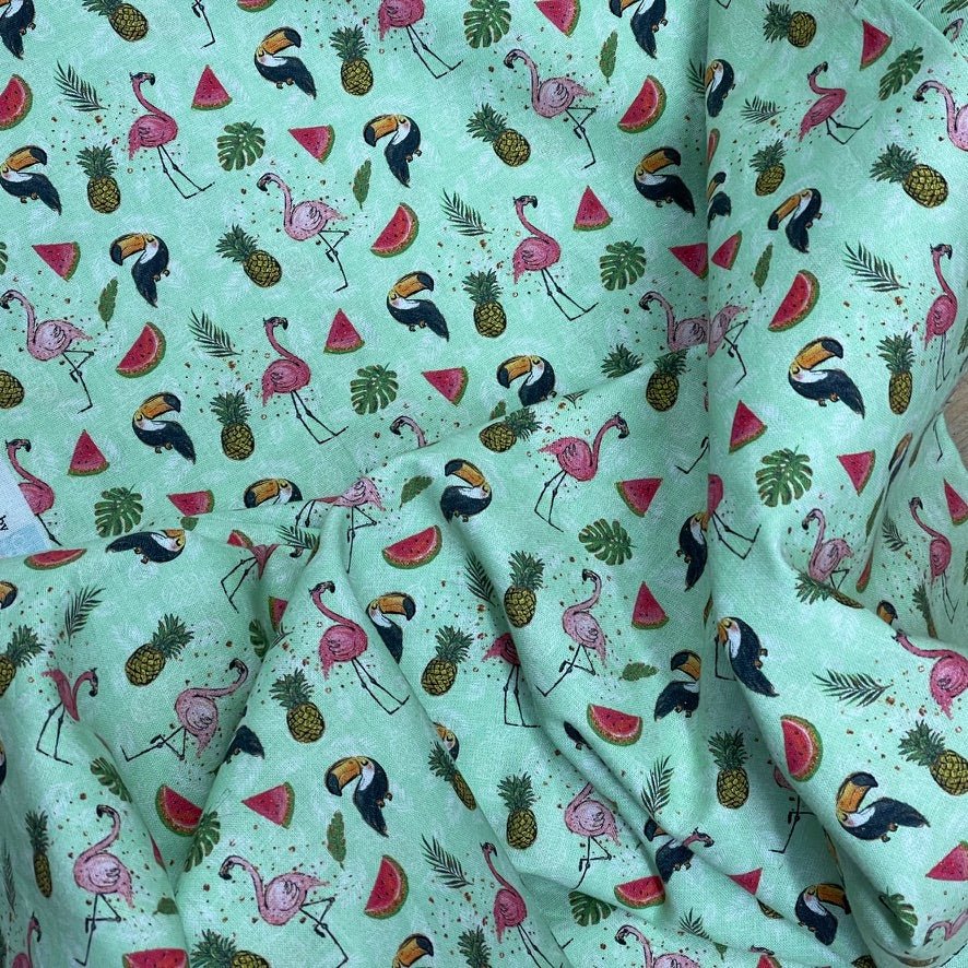 Tropical Birds Flamingo Toucan/Pecans 100% Cotton Craft Fabric 54", Green - Bull Ring Fabrics