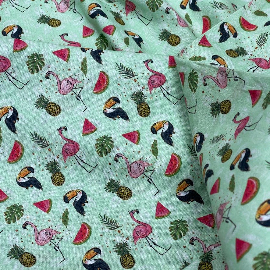 Tropical Birds Flamingo Toucan/Pecans 100% Cotton Craft Fabric 54", Green - Bull Ring Fabrics