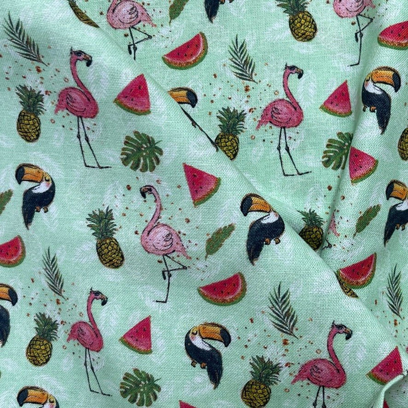Tropical Birds Flamingo Toucan/Pecans 100% Cotton Craft Fabric 54", Green - Bull Ring Fabrics