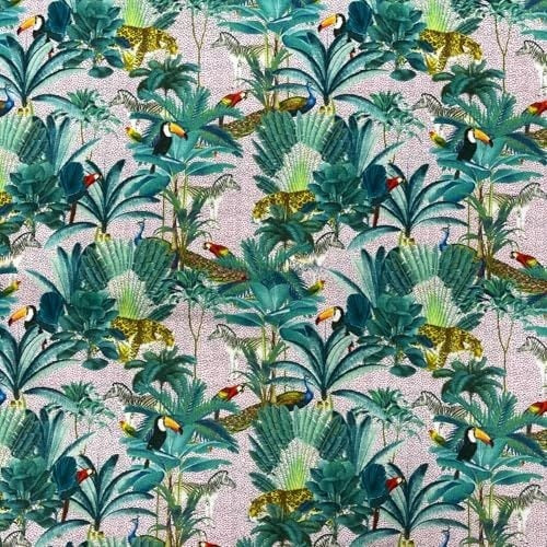 Tropical Palm Trees Parrots Peacocks Animals 100% Cotton Craft Fabric 54", Pink - Bull Ring Fabrics
