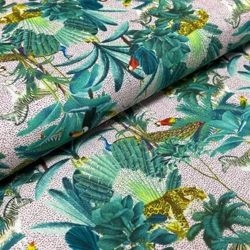 Tropical Palm Trees Parrots Peacocks Animals 100% Cotton Craft Fabric 54", Pink - Bull Ring Fabrics