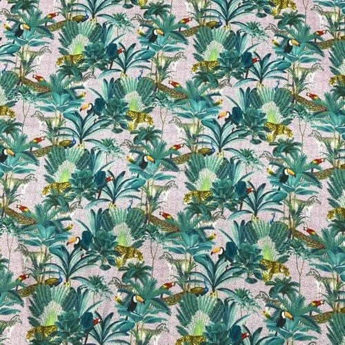 Tropical Palm Trees Parrots Peacocks Animals 100% Cotton Craft Fabric 54", Pink - Bull Ring Fabrics