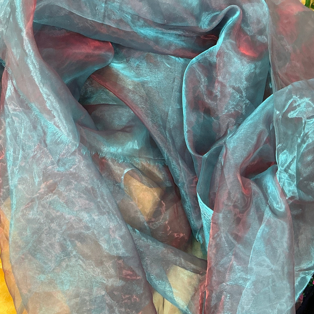 Two-Tone Organza Fabric Draping Decorations 150cm, Teal Shot Red - Bull Ring Fabrics
