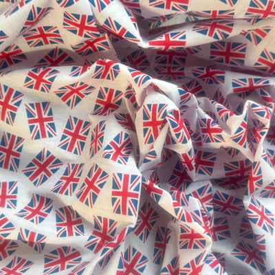 Union Jack Heart Polycotton Fabric – British Flag Heart Print Dress & Craft Fabric – White – 45” Wide – Per Metre - Bull Ring Fabrics