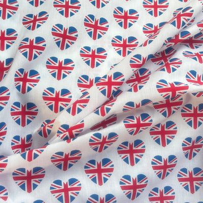 Union Jack Heart Polycotton Fabric – British Flag Heart Print Dress & Craft Fabric – White – 45” Wide – Sold by the Metre - Bull Ring Fabrics