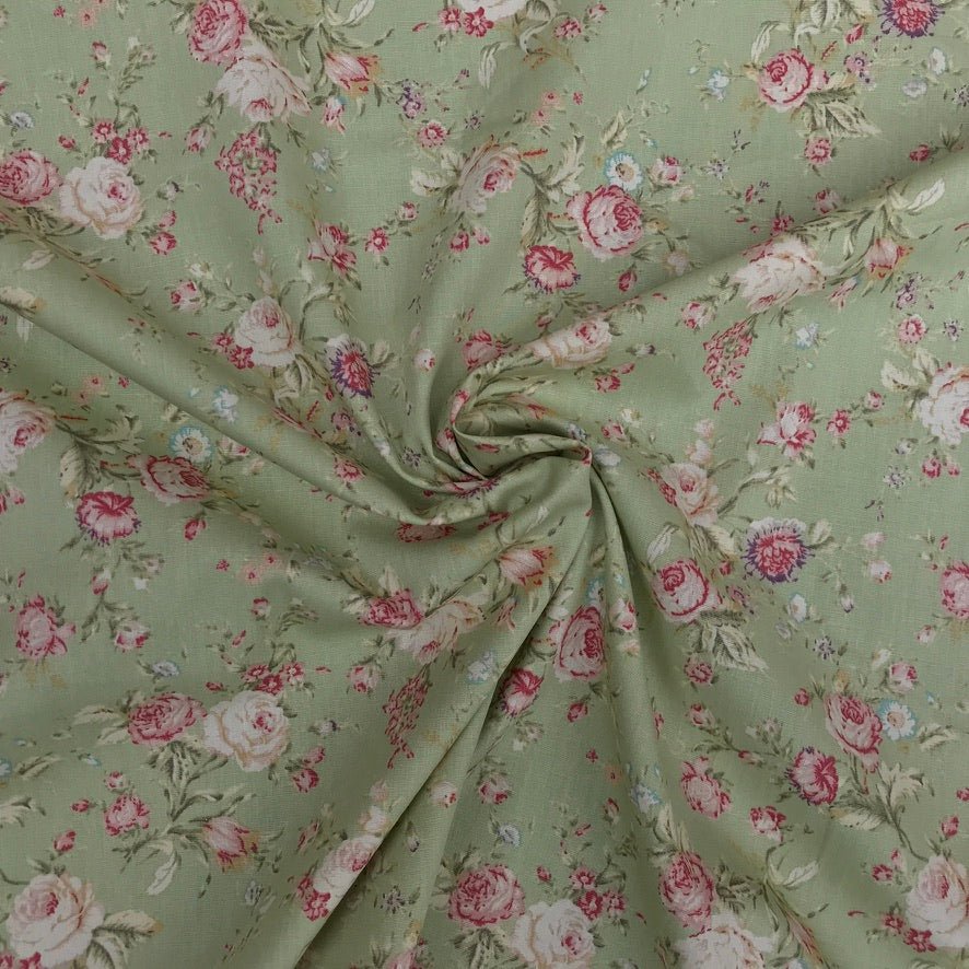 Vintage Roses Print Rose & Hubble Cotton Poplin Dress Fabric - Bull Ring Fabrics