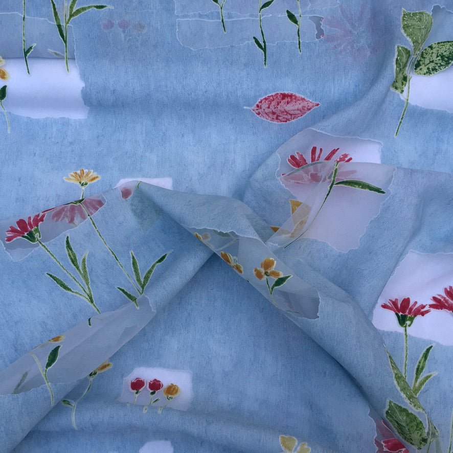 Voile Fabric Floral Flowers Kitchen Net Curtain Dress Material 150cm, Blue - Bull Ring Fabrics