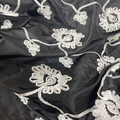 White Ribbon Sunflower Floral Taffeta Dress Fabric 60", Black - Bull Ring Fabrics