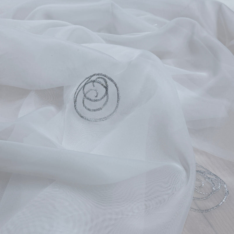White Voile Fabric Embroidered Silver Circles Curtain Draping 60" - Bull Ring Fabrics