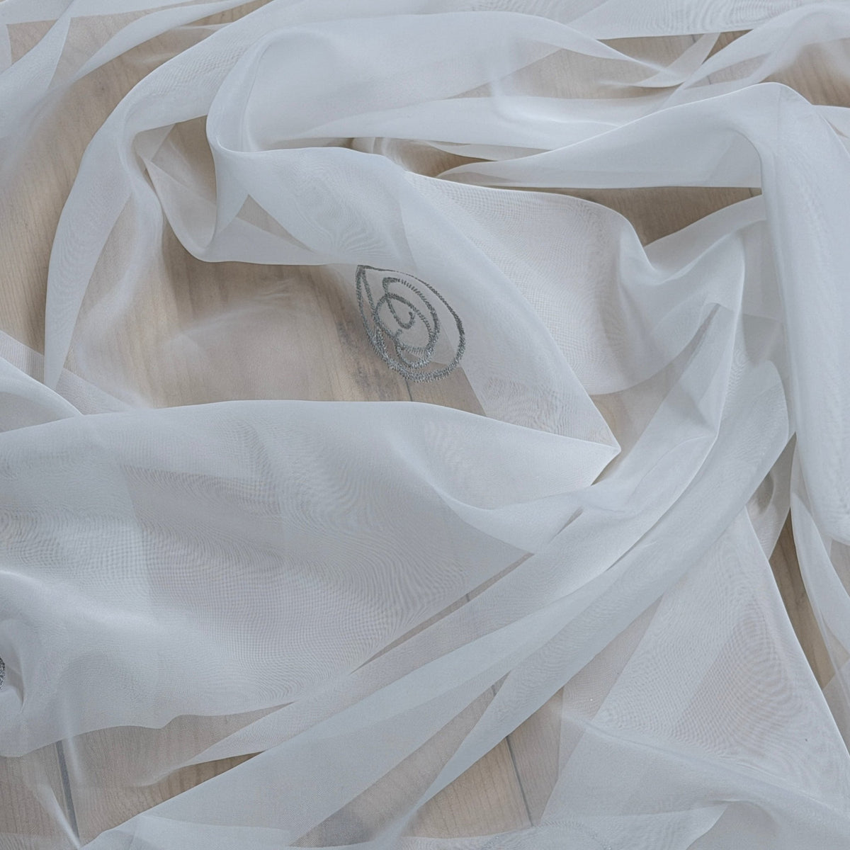 White Voile Fabric Embroidered Silver Circles Curtain Draping 60" - Bull Ring Fabrics