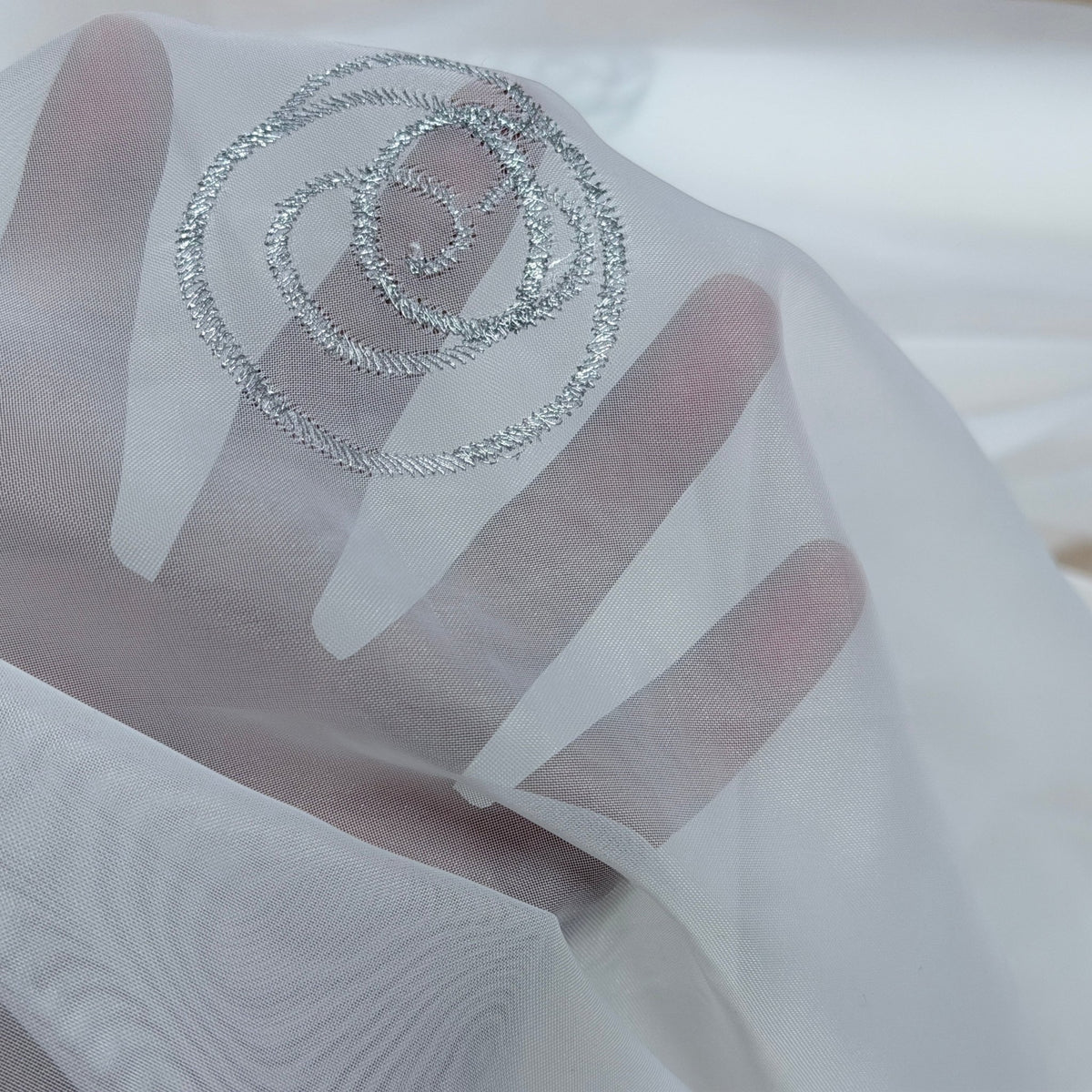 White Voile Fabric Embroidered Silver Circles Curtain Draping 60" - Bull Ring Fabrics
