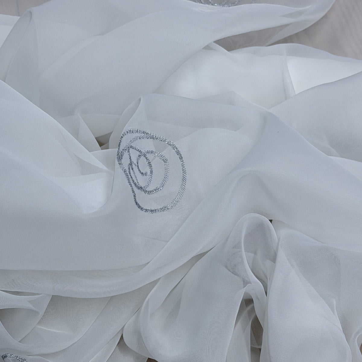 White Voile Fabric Embroidered Silver Circles Curtain Draping 60" - Bull Ring Fabrics