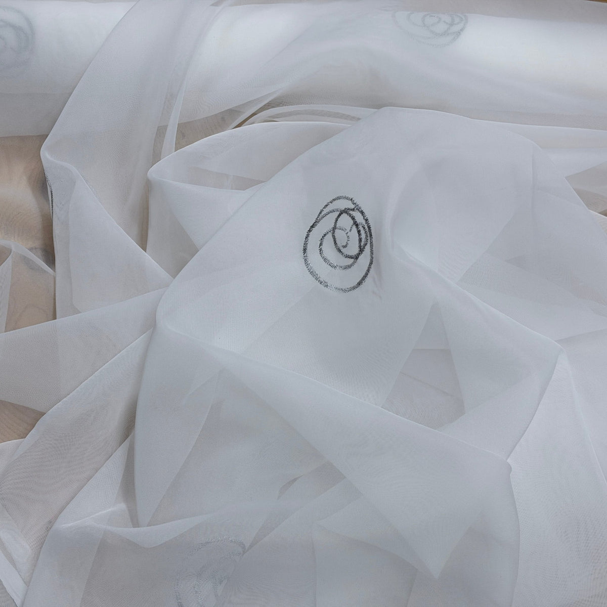 White Voile Fabric Embroidered Silver Circles Curtain Draping 60" - Bull Ring Fabrics