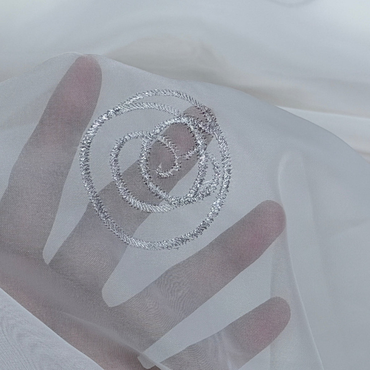 White Voile Fabric Embroidered Silver Circles Curtain Draping 60" - Bull Ring Fabrics