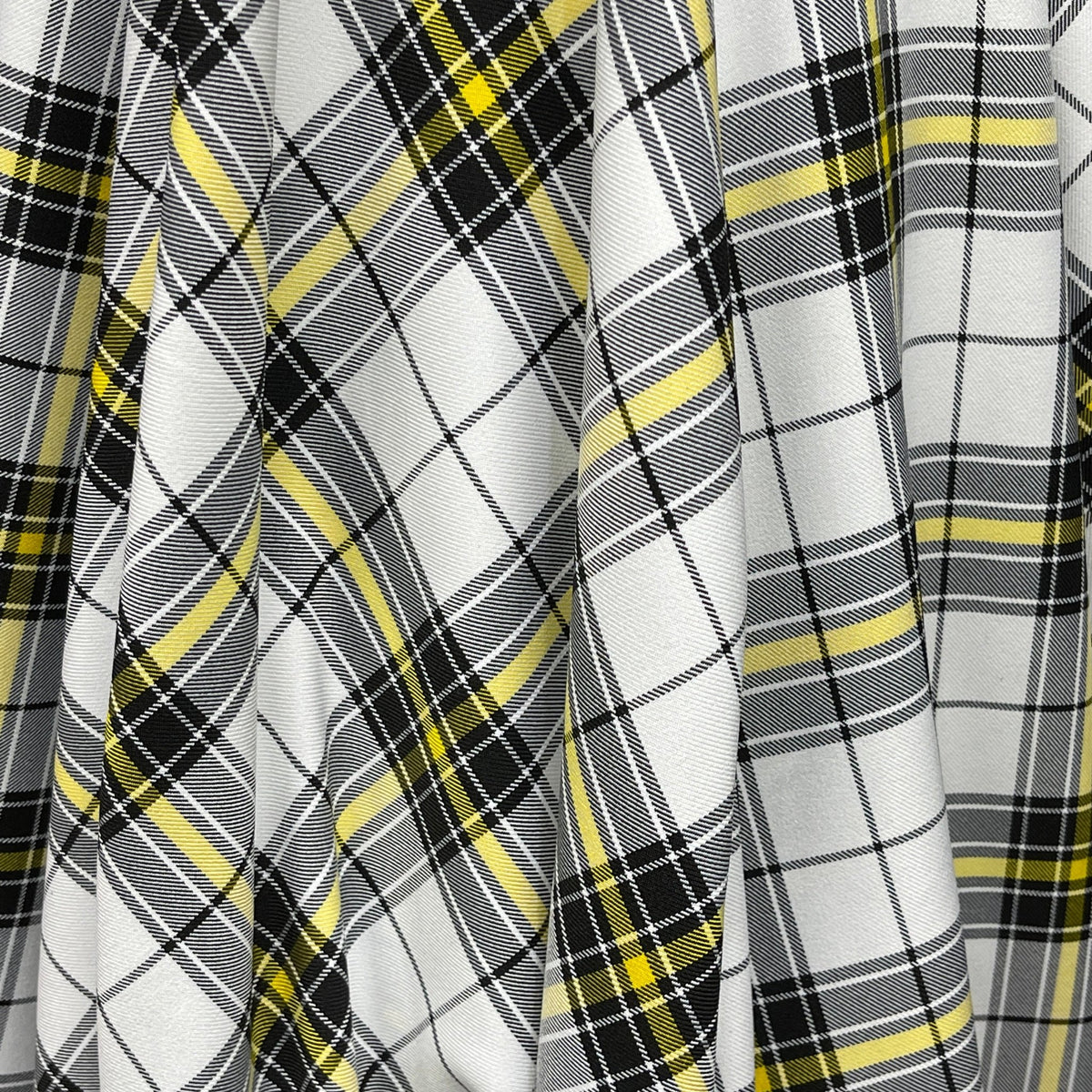 White/Yellow Check Tartan Poly Viscose Fabric - Bull Ring Fabrics