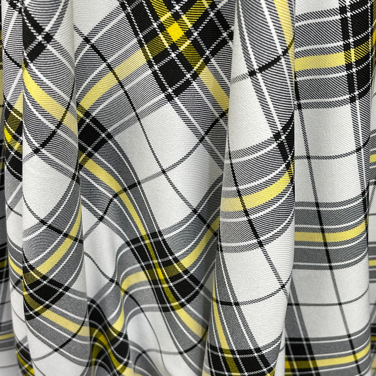 White/Yellow Check Tartan Poly Viscose Fabric - Bull Ring Fabrics
