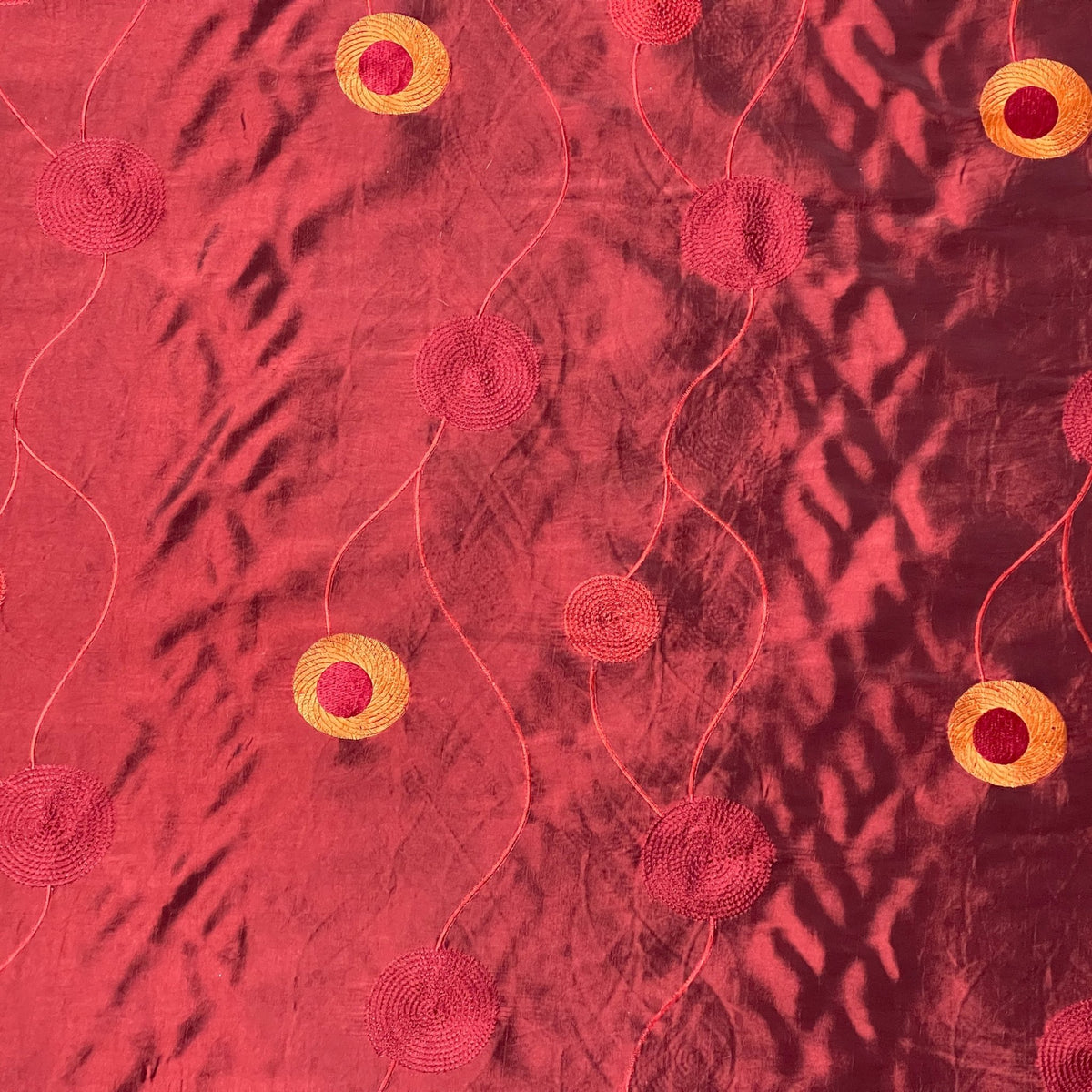Wine Red Embroidered Taffeta Fabric Gold Circle Pattern 150cm - Bull Ring Fabrics