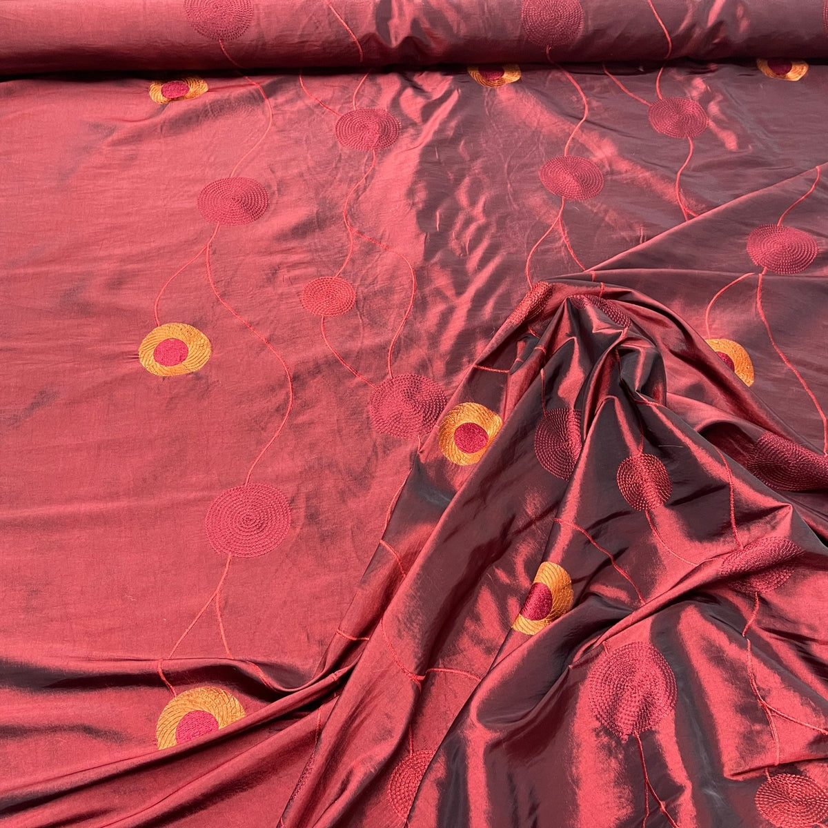 Wine Red Embroidered Taffeta Fabric Gold Circle Pattern 150cm - Bull Ring Fabrics
