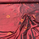 Wine Red Embroidered Taffeta Fabric Gold Circle Pattern 150cm - Bull Ring Fabrics