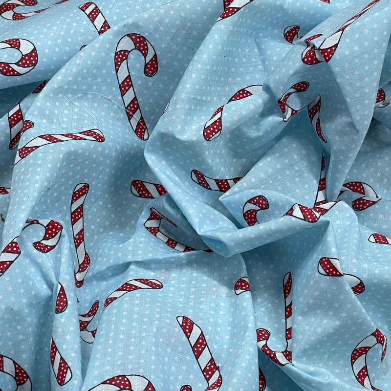 Xmas Candy Cane White Pinspots Polycotton Fabric 45", Sky Blue - Bull Ring Fabrics