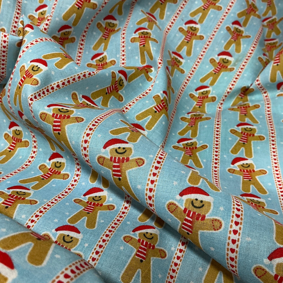 Xmas Gingerbread Man Striped Polycotton Fabric 45", Sky Blue - Bull Ring Fabrics