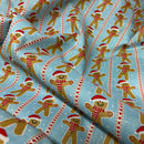 Xmas Gingerbread Man Striped Polycotton Fabric 45", Sky Blue - Bull Ring Fabrics