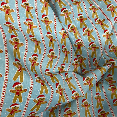 Xmas Gingerbread Man Striped Polycotton Fabric 45", Sky Blue - Bull Ring Fabrics