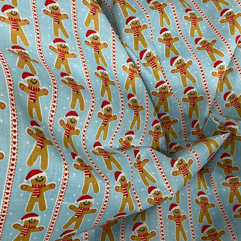 Xmas Gingerbread Man Striped Polycotton Fabric 45", Sky Blue - Bull Ring Fabrics