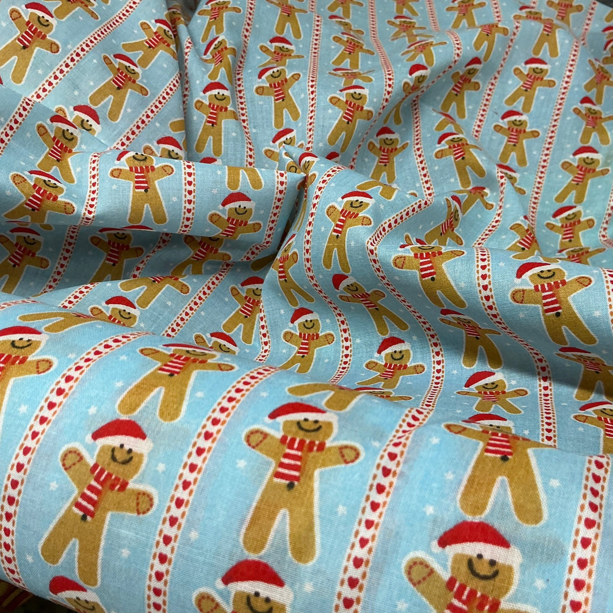 Xmas Gingerbread Man Striped Polycotton Fabric 45", Sky Blue - Bull Ring Fabrics