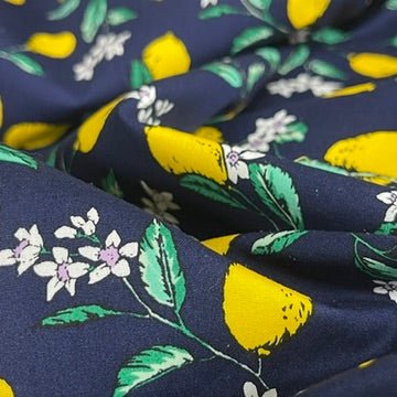 Yellow Lemons Rose & Hubble 100% Cotton Poplin Fabric 45", Navy - Bull Ring Fabrics
